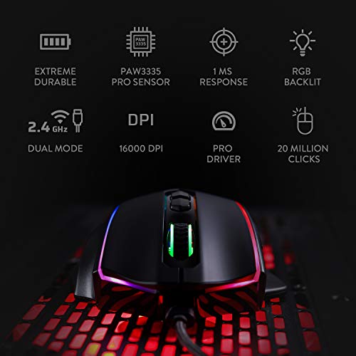 Redragon M686 Ratón inalámbrico para juegos, mouse para juegos con cable / inalámbrico de 16000 DPI con sensor profesional, capacidad de 45 horas, macro personalizable y retroiluminación RGB