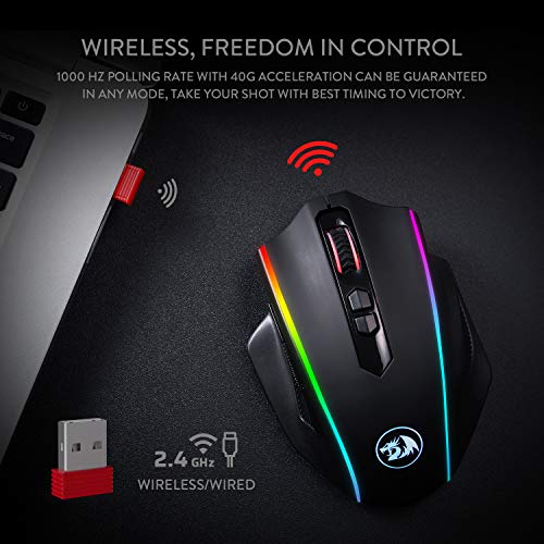 Redragon M686 Ratón inalámbrico para juegos, mouse para juegos con cable / inalámbrico de 16000 DPI con sensor profesional, capacidad de 45 horas, macro personalizable y retroiluminación RGB