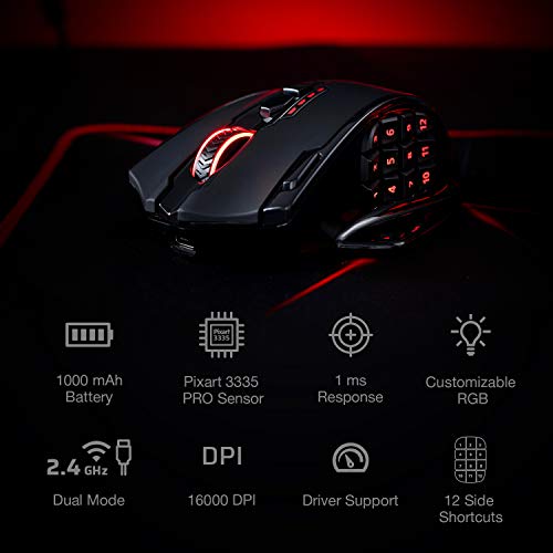 Redragon M913 Impact Elite Ratón inalámbrico para juegos, ratón para juegos RGB con de 16000 DPI con 16 botones programables, batería de 45 horas y sensor óptico profesional, 12 botones Ratón MMO