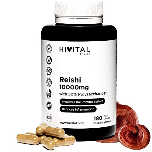 Reishi puro 10000 mg | 180 cápsulas veganas para 6 meses | Con 50% Polisacáridos, 10% Betaglucanos y 2% Triterpenos | Antioxidante natural que refuerza el sistema inmune y reduce la inflamación