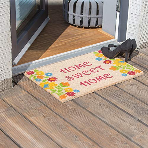 Relaxdays Felpudo de Coco con Texto en inglés Home Sweet Home 40 x 60 Multicolor con Base Antideslizante de PVC para atrapar la Suciedad y el Camino Limpio de Flores, Color marrón