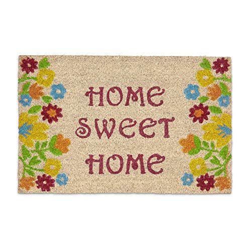 Relaxdays Felpudo de Coco con Texto en inglés Home Sweet Home 40 x 60 Multicolor con Base Antideslizante de PVC para atrapar la Suciedad y el Camino Limpio de Flores, Color marrón
