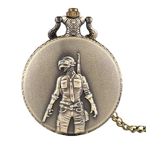 Reloj de bolsillo con diseño de PUBG para hombre, estilo retro, con caja de bronce para hombre, con cadena delgada y cadena de aleación