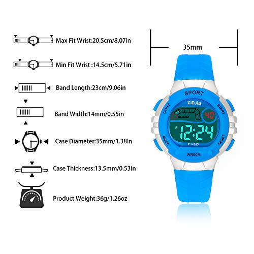 Reloj Digital para Niños Niña,Chicos Chicas 50M(5ATM) Impermeabl Deportes al Aire Libre LED Multifuncionales Relojes de Pulsera con Alarma para Niños,Niñas(Azul)