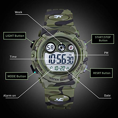 Reloj niños, Reloj para Niños Digital Sport Multifunción Cronógrafo LED 50M Impermeable Alarma Reloj analógico Camuflaje Militar para Niños con Banda De Silicona Ejército