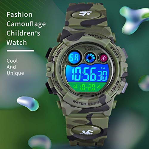 Reloj niños, Reloj para Niños Digital Sport Multifunción Cronógrafo LED 50M Impermeable Alarma Reloj analógico Camuflaje Militar para Niños con Banda De Silicona Ejército