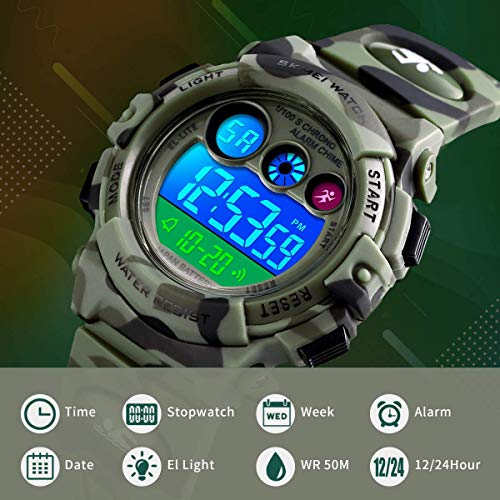 Reloj niños, Reloj para Niños Digital Sport Multifunción Cronógrafo LED 50M Impermeable Alarma Reloj analógico Camuflaje Militar para Niños con Banda De Silicona Ejército