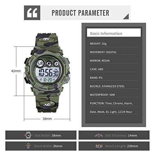 Reloj niños, Reloj para Niños Digital Sport Multifunción Cronógrafo LED 50M Impermeable Alarma Reloj analógico Camuflaje Militar para Niños con Banda De Silicona Ejército
