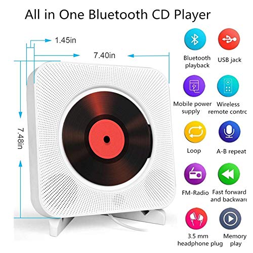 Reproductor de CD portátil con Bluetooth Reproductor de CD montable en la Pared Altavoces de Alta fidelidad incorporados para Control Remoto doméstico Reproductor de CD