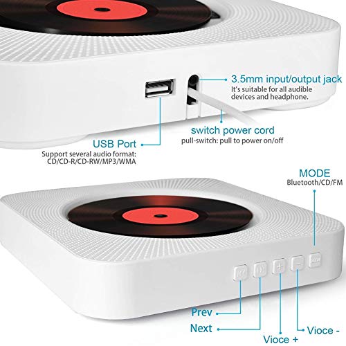 Reproductor de CD portátil con Bluetooth Reproductor de CD montable en la Pared Altavoces de Alta fidelidad incorporados para Control Remoto doméstico Reproductor de CD