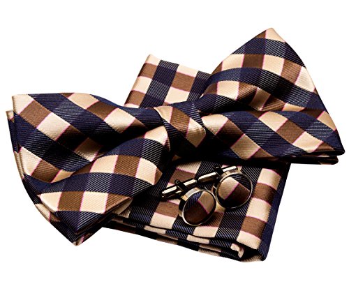 Retreez Conjunto de regalo de pajarita tejida a cuadros clásicos, preanudada, 13 cm, con pañuelo cuadrado de bolsillo y gemelos Azul marino y marrón