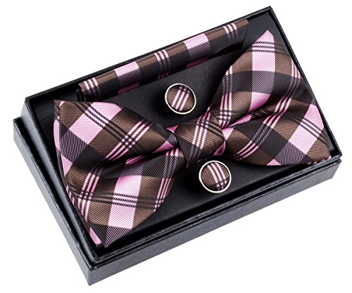 Retreez Conjunto de regalo de pajarita tejida con diseño de cuadros de tartán, preanudada, 13 cm, con pañuelo cuadrado de bolsillo y gemelos Rosa y marrón oscuro
