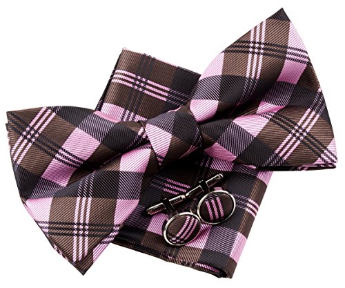 Retreez Conjunto de regalo de pajarita tejida con diseño de cuadros de tartán, preanudada, 13 cm, con pañuelo cuadrado de bolsillo y gemelos Rosa y marrón oscuro