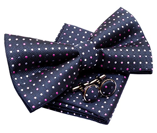 Retreez Conjunto de regalo de pajarita tejida de topos de tres colores, preanudada, 13 cm, con pañuelo cuadrado de bolsillo y gemelos Gris oscuro