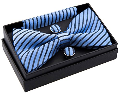 Retreez Conjunto de regalo de pajarita tejida diseño de rayas, preanudada, 13 cm, con pañuelo cuadrado de bolsillo y gemelos Azul y Azul marino