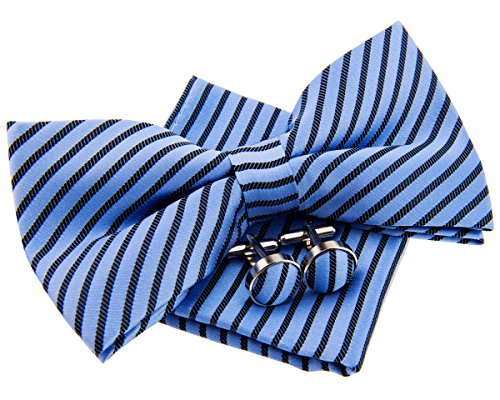 Retreez Conjunto de regalo de pajarita tejida diseño de rayas, preanudada, 13 cm, con pañuelo cuadrado de bolsillo y gemelos Azul y Azul marino