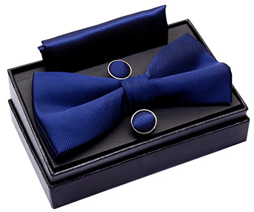 Retreez Conjunto de regalo de pajarita tejida, preanudada, 13 cm, con pañuelo cuadrado de bolsillo y gemelos Azul marino