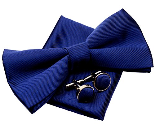 Retreez Conjunto de regalo de pajarita tejida, preanudada, 13 cm, con pañuelo cuadrado de bolsillo y gemelos Azul marino