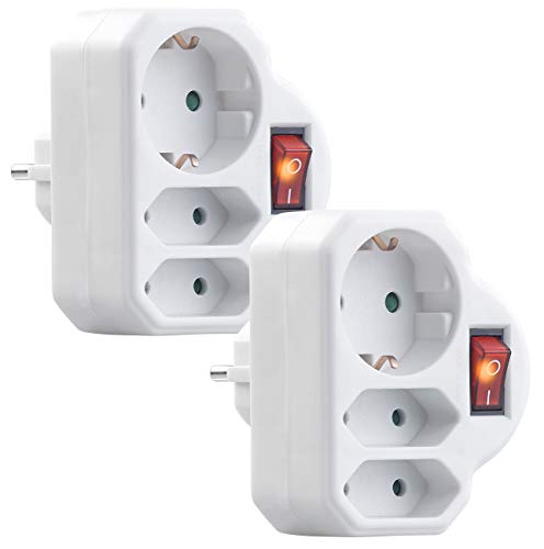 revolt Distribuidores de enchufes: Juego de 2 enchufes triples, Interruptor de encendido y controles parentales, 230 V (Triple Adaptador de enchufe)