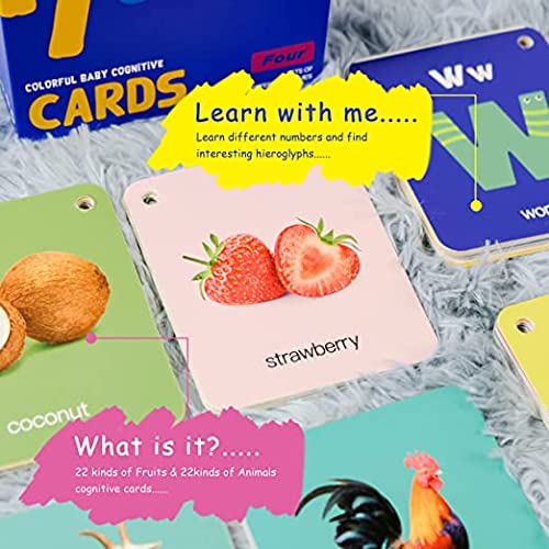 Richgv Tarjetas Flash para Bebés, Flashcards Ingles para Bebés Juego de 50 Piezas Tarjetas de 100 páginas con Números Alfabeto Frutas Animales Juguetes Educativos Montessori para Bebé 0 a 36 Meses