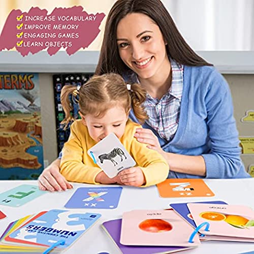 Richgv Tarjetas Flash para Bebés, Flashcards Ingles para Bebés Juego de 50 Piezas Tarjetas de 100 páginas con Números Alfabeto Frutas Animales Juguetes Educativos Montessori para Bebé 0 a 36 Meses