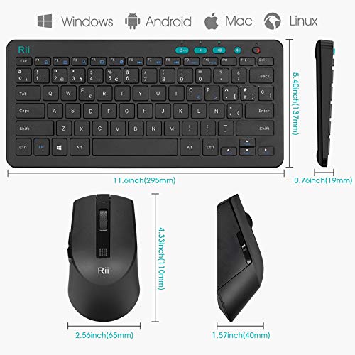 Rii combo teclado y ratón inalámbricos 2.4G , ultradelgados. Perfecto para oficina, multimedia, PC portátil y escritorio.