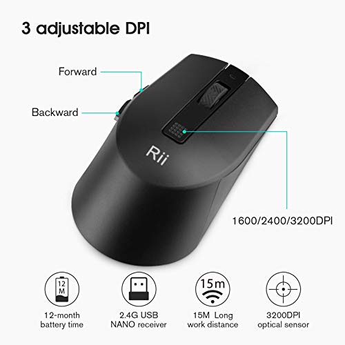 Rii combo teclado y ratón inalámbricos 2.4G , ultradelgados. Perfecto para oficina, multimedia, PC portátil y escritorio.