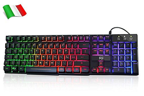 Rii Gaming RK108 (Layout Italiano) – Juego de teclado RK100+ y ratón de juego, retroiluminación LED, sensibilidad ajustable hasta 3200 DPI