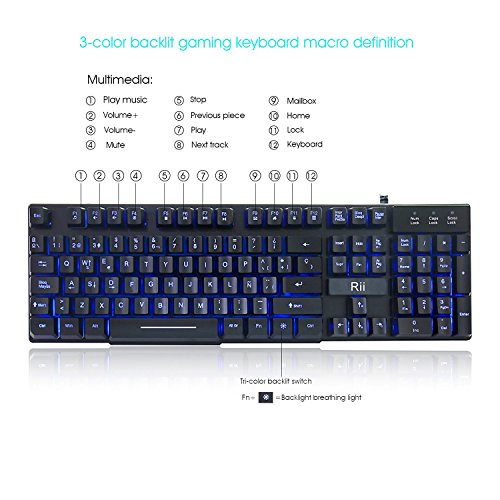 Rii RK100 Teclado Gaming,Teclado de Membrana con sensibilidad mecánica,USB LED Retroiluminado Ideal para Jugar, Trabajos de Oficina