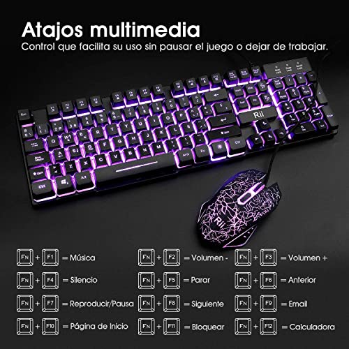 Rii RK108 Packs de Teclado y Ratón Gaming, Combo de Teclado y Ratón Avanzado Silencioso Tamaño Completo con USB Cable para Computadora Portátil, PC, QWERTY Español