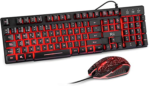 Rii RK108 Packs de Teclado y Ratón Gaming, Combo de Teclado y Ratón Avanzado Silencioso Tamaño Completo con USB Cable para Computadora Portátil, PC, QWERTY Español