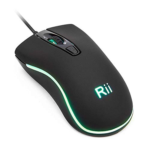 Rii RM105 ratón cableado, retroiluminación LED RGB Multicolor, 4 Niveles de sensibilidad Ajustables (PPP), Agarre cómodo ergonómico. Sensor óptico Ratón con Cable USB para PC. Negro.