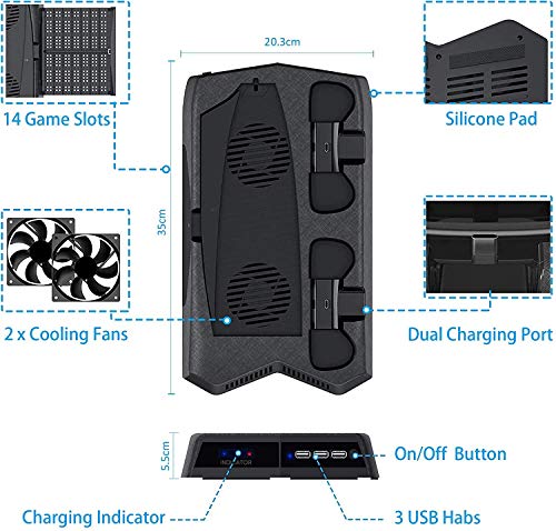 RIXOW Soporte Vertical para PS5 con 2 Ventiladores de Refrigeración, 2 Estación de Carga para Controlador para Sony Playstation 5, con 14 Bandejas de Almacenamiento de Juegos Retráctiles