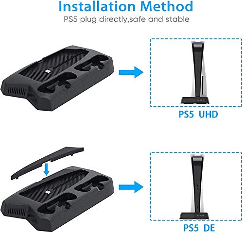 RIXOW Soporte Vertical para PS5 con 2 Ventiladores de Refrigeración, 2 Estación de Carga para Controlador para Sony Playstation 5, con 14 Bandejas de Almacenamiento de Juegos Retráctiles