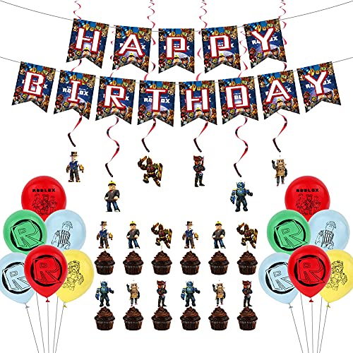 Roblox Videojuegos para decoración de Cumpleaños con Globos Banderín Feliz Cumpleaños Tarjetas de Tarta Adornos de Casa para Fiestas Fiesta Temática Roblox Dibujos Animados para Niños Adultos Fans
