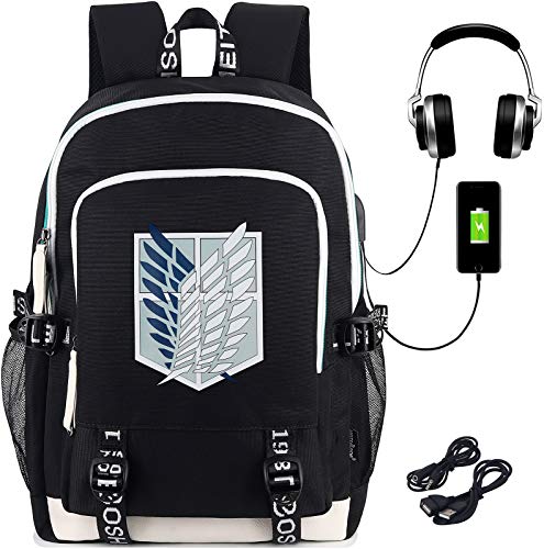 Roffatide Anime Attack on Titan Mochila Survey Corps Wings of Freedom Impreso Bolsa universitaria Mochila para computadora portátil con puerto de carga USB y puerto para auriculares