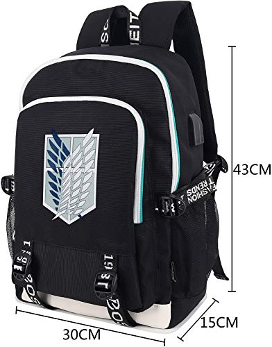 Roffatide Anime Attack on Titan Mochila Survey Corps Wings of Freedom Impreso Bolsa universitaria Mochila para computadora portátil con puerto de carga USB y puerto para auriculares