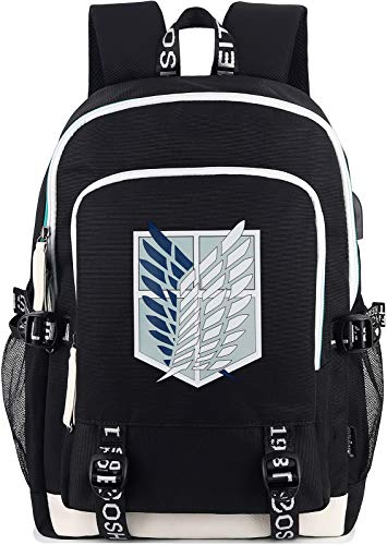 Roffatide Anime Attack on Titan Mochila Survey Corps Wings of Freedom Impreso Bolsa universitaria Mochila para computadora portátil con puerto de carga USB y puerto para auriculares