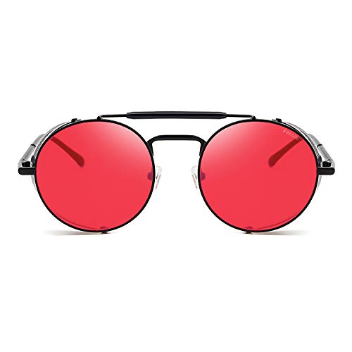 RONSOU Steampunk Estilo Redondas Vintage Gafas de Sol Retro Gafas UV400 Protección Metal Marco negro marco/Rojo lente