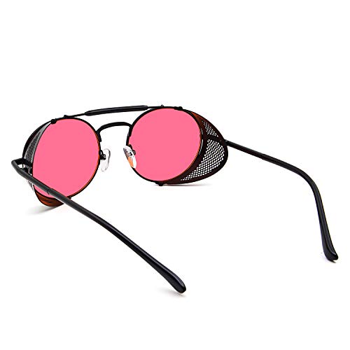 RONSOU Steampunk Estilo Redondas Vintage Gafas de Sol Retro Gafas UV400 Protección Metal Marco negro marco/Rojo lente