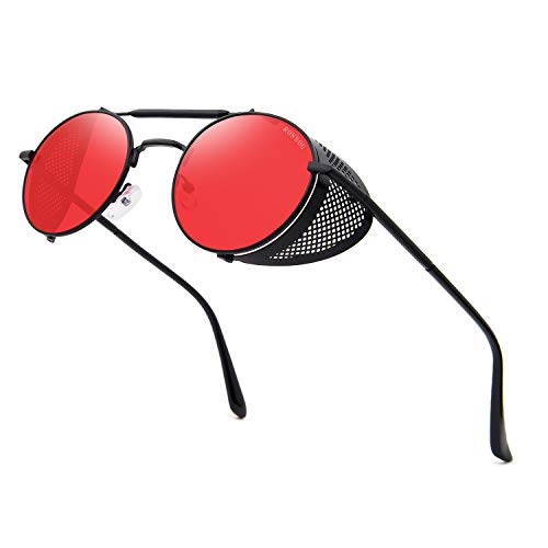 RONSOU Steampunk Estilo Redondas Vintage Gafas de Sol Retro Gafas UV400 Protección Metal Marco negro marco/Rojo lente