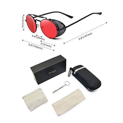 RONSOU Steampunk Estilo Redondas Vintage Gafas de Sol Retro Gafas UV400 Protección Metal Marco negro marco/Rojo lente