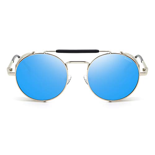RONSOU Steampunk Estilo Redondas Vintage Gafas de Sol Retro Gafas UV400 Protección Metal Marco plateado marco/azul lente