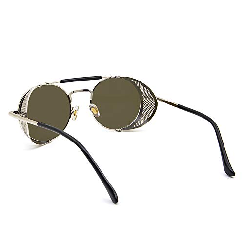 RONSOU Steampunk Estilo Redondas Vintage Gafas de Sol Retro Gafas UV400 Protección Metal Marco plateado marco/azul lente