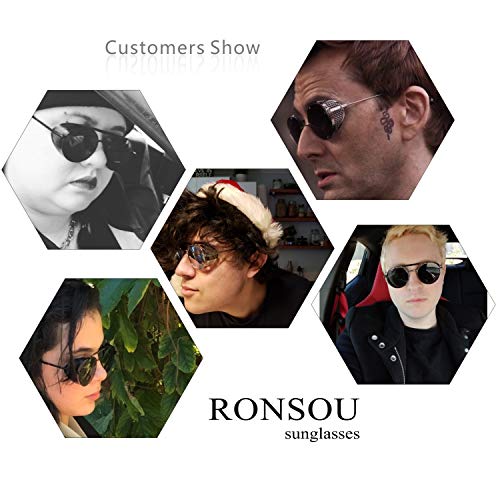 RONSOU Steampunk Estilo Redondas Vintage Gafas de Sol Retro Gafas UV400 Protección Metal Marco plateado marco/azul lente