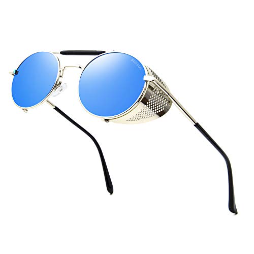 RONSOU Steampunk Estilo Redondas Vintage Gafas de Sol Retro Gafas UV400 Protección Metal Marco plateado marco/azul lente