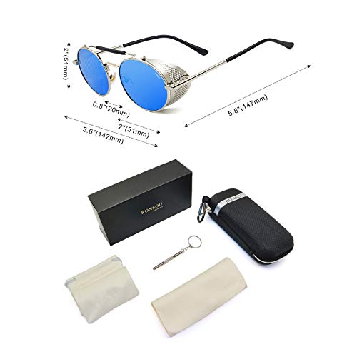 RONSOU Steampunk Estilo Redondas Vintage Gafas de Sol Retro Gafas UV400 Protección Metal Marco plateado marco/azul lente