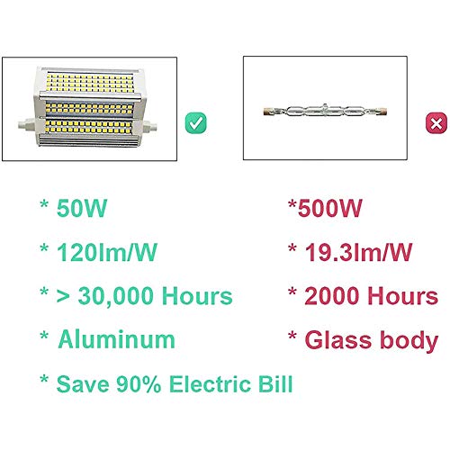 RUNAWAY 2-PC R7S LED 118MM Bombilla Regulable 50W J118 LED 500W Reemplazo, Base de Doble Extremo J-Type R7s Bombillas LED para luz de Techo, Reflector
