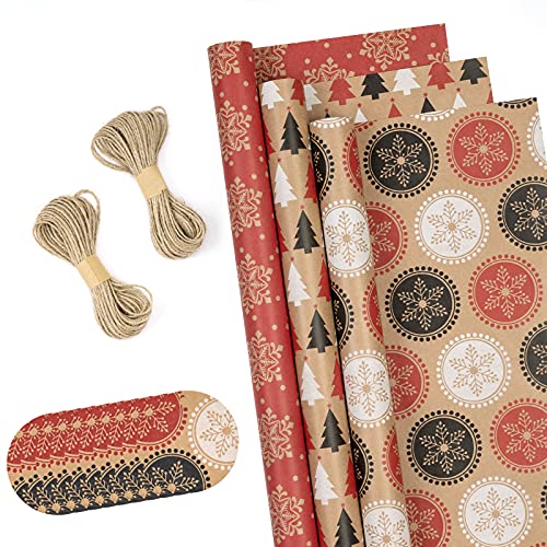 RUSPEPA Rollos De Papel De Regalo Navideño Con Etiquetas, Hilo De Yute - 43 cm X 3 Metros Por Rollo, Total De 3 Rollos