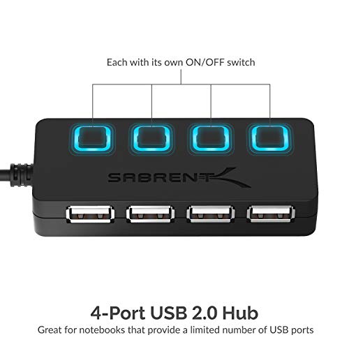Sabrent Concentrador de USB 2.0 con 4 salidas, interuptores de potencia individuales y LED (HB-UMLS)